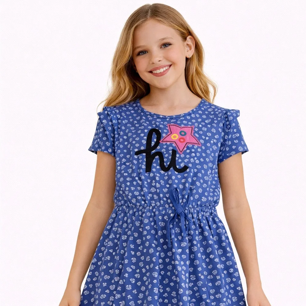 Flapdoodles Blue Dress with Pink Star and 'Hi' Design